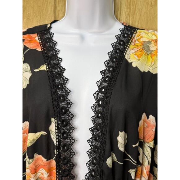Haute Project Womens 2XL Black Orange Floral  Lace Trim Tie Waist Kimono Coverup - Picture 4 of 6